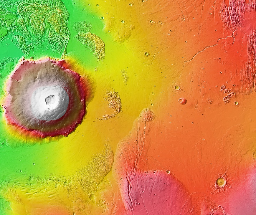 Mars Orbiter Laser Altimeter (MOLA) colorised topographic map of Mars (Western Hemisphere), showing height by color with Olympus Mons visible as the large volcano in the left of the image. Image credit: Courtesy NASA / JPL-Caltech / Arizona State University