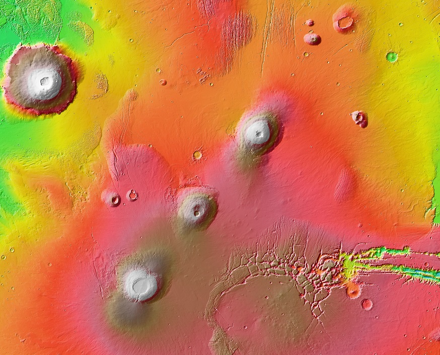 Mars Orbiter Laser Altimeter (MOLA) colorised topographic map of Mars (Western Hemisphere), showing height by color. Olympus Mons is visible as the large volcano in the top left of the image. Arsia Mons is the southernmost volcano in the bottom of the image. Image credit: Courtesy NASA / JPL-Caltech / Arizona State University