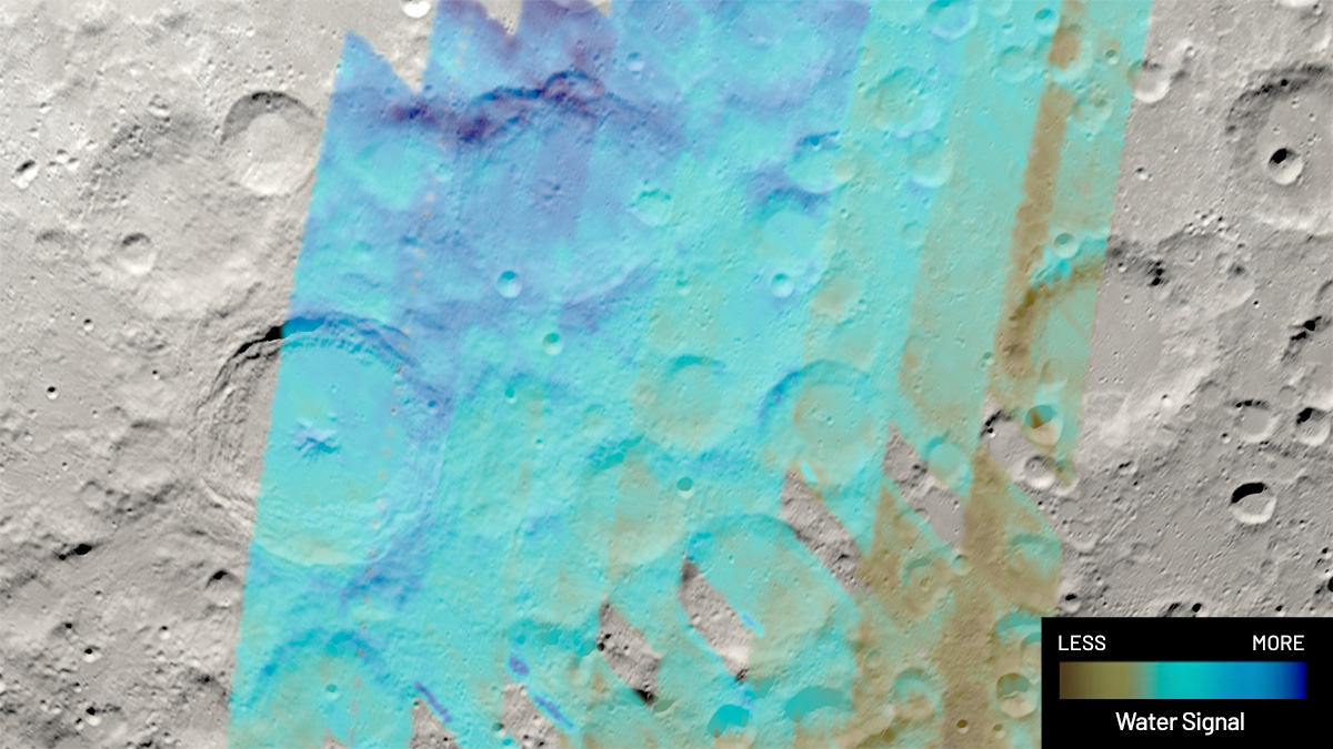 Image of the surface of the Moon showing showing water signal strength by color. Image credit NASA