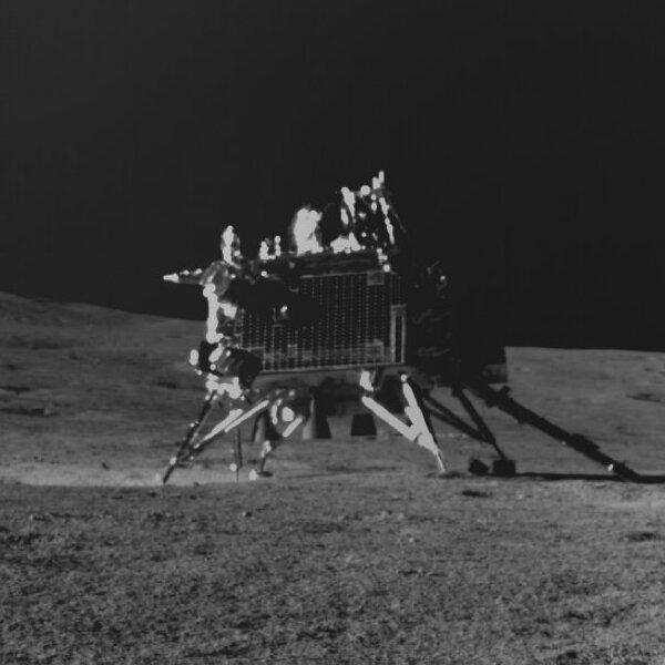 The Chandrayaan-3 Vikram lander on the lunar surface. Image taken by the Pragyan Rover. Image credit: Indian Space Research Organisation