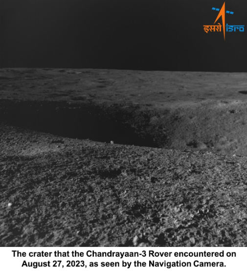 Image taken by the Pragyan Rover on the Lunar Surface, 27th August 2023. A 4 meter diameter crater, 3 meters ahead of the rover's location. Image credit: Indian Space Research Organisation