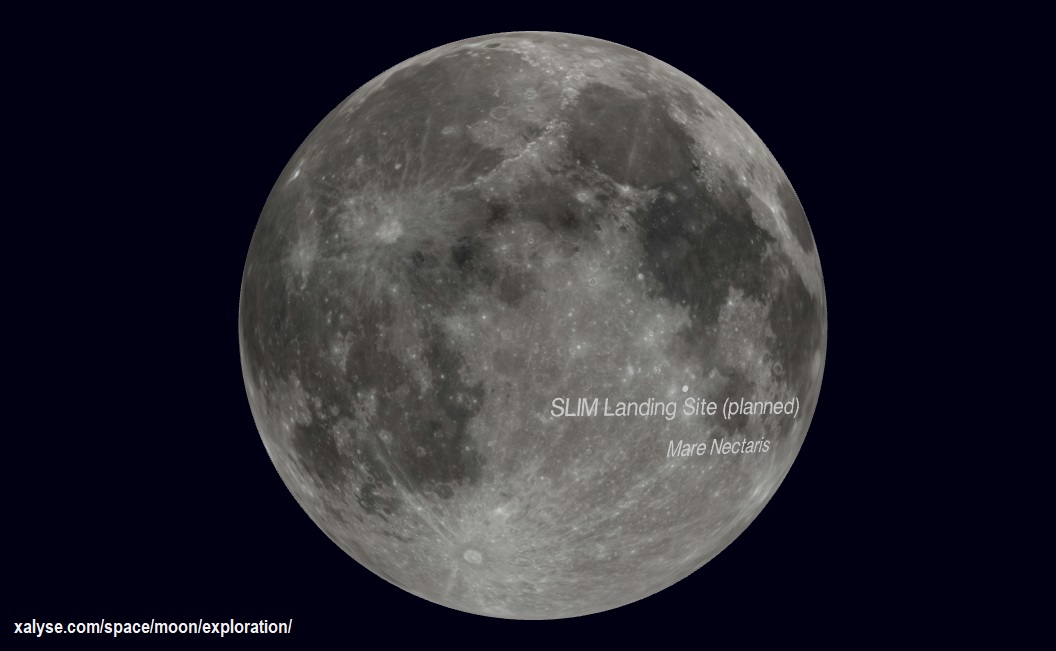 Smart Lander for Investigating Moon (SLIM) planned landing site, west of Mare Nectaris, on a 3-D image of the Moon using Globe.gl, using landing site coordinates (planned) from the SLIM Wikipedia page. Image credit: RL / JL, Xalyse.com, using Globe.gl, Globe.gl associated lunar surface imagery.